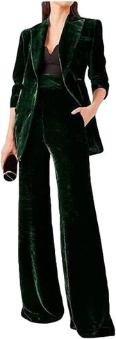 Women's 2 Piece Velvet Suit Office Work Suit Notch Lapel Double Breasted Blazer Pants Business Suit Set Dark Green1 L in Kuwait