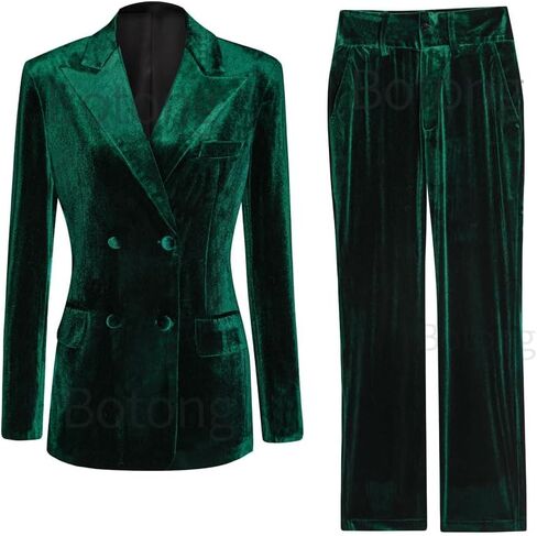 Women's 2 Piece Velvet Suit Office Work Suit Notch Lapel Double Breasted Blazer Pants Business Suit Set Dark Green1 L in Kuwait