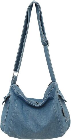 Denim Shoulder Handbag Casual Retro Style Tote Bag Convenient Adjustable Shoulder Strap Crossbody Bag in Saudi Arabia