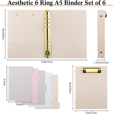 Ctosree 6 Pcs Aesthetic 6 Ring A5 Binder 0.75 Inch for Letter Size (5.8" x 8.3") with 5 Tab Dividers, File Folder Labels and 2 Large Pockets Cute Mini Binders Organizer for Office Supplies in Saudi Arabia
