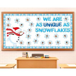 78 Pcs Snowflakes Bulletin Board Winter Snowflake Snowman Cutouts DIY Photo Crafts We are As Unique As Snowflakes Classroom Decor for Winter Season Christmas Holiday Home School Wall Door Supplies