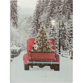 BANBERRY DESIGNS Lighted Red Pick-Up Truck Canvas Print - LED Picture with Winter Scene and Vintage Red Pickup Truck Carrying a Christmas Tree Wall Light Up 15.75" X 11.75"