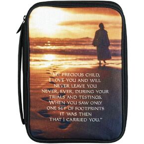 Footprints Golden Brown Large Print Nylon Zippered Bible Case Cover