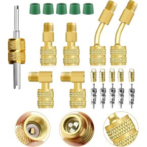 R410A Mini Split Adapter Kit, 6 Pack Adapter HVAC Refrigerant Connector Charging Vacuum Port Adapter Converter with Thimble 5/16 to 1/4 Valve Core Remover for Air Conditioners