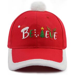 Christmas Believe Hat for Men Women, Funny Adjustable Red Cotton Embroidered Merry Xmas Santa Baseball Cap