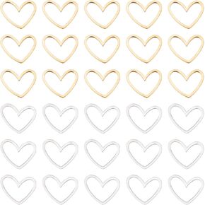 SUNNYCLUE 1 Box 40Pcs Open Bezels Heart Charms Linking Rings Valentine's Day Stainless Steel Heart Charm Frame Love Links Connectors Valentine Metal Charm for Jewelry Making Charms Earrings DIY Craft