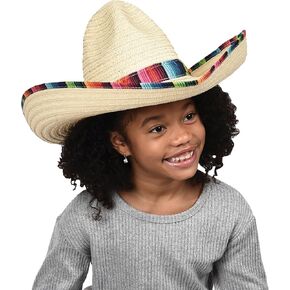 GiftExpress Mexican Sombrero Hat Child Size with Serape Trim, Straw Sombrero for Cinco de Mayo, Mexican Party and Fiesta