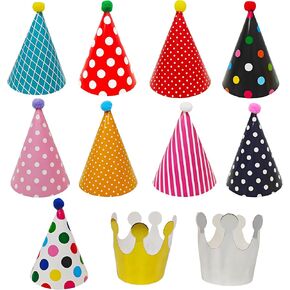 11PCS Birthday Party Cone Hats set Pom Poms 9 birthday cone hats and 2 happy birthday crowns hats for kids adults party hats Birthday Holiday Pet Family Party Deco Props