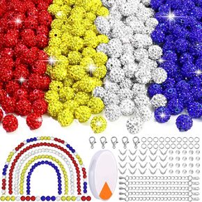 Dowarm 255PCS 10mm Rhinestone Beads for Baseball Rhinestone Necklace Bracelet Jewelry Making, Round Rhinestone Clay Beads for Crafts Beaded Pens, DIY Shamballa Pave Disco Diamond Beads, White|Red|Blue