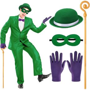 Question Mark Costume Accessory Kit for Adults Includes Felt Green Derby Hat, Gold Question Mark Cane, Adjustable Halloween Eye Mask and Purple Glove for Men Halloween Dress Party Cosplay