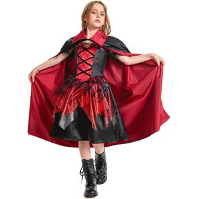 Gothic Vampire Halloween Costumes For Girls With Cloak Cape Scary Costume Set Kids Glamour Vampiress Costume Outfit