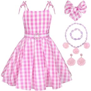 KLFFLGID Pink plaid cami dress Cute Pink Princess dress Outfits Kids Birthday Party Halloween Costume with Accessories