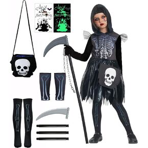 IKALI Girls Halloween Skeleton Costume, Kids Grim Reaper Dress Scythe Suit Skull Fancy Dress Up 3-10Y