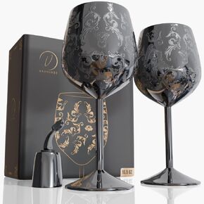 17oz Stainless Steel Wine Glasses [Set of 2] – Silver Royal Goblets with Intricate Baroque Engravings, Unbreakable and Shatterproof Wine Cups with Bottle Stopper for Travel, Camping, and Pool