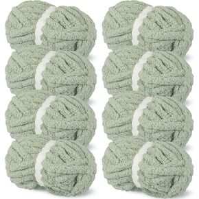 Amylove 8 Pack Chunky Chenille Yarn for Crocheting 31.7 yd 8 oz Each Skein Bulky Fluffy Soft Jumbo Thick Yarn for Hand Knitting Blanket Handcrafts Weaving Arm Knitting(Sage Green, White)