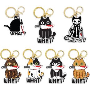 Cute Cat Key Chain - 7Pcs Halloween Acrylic Kawaii Black Skeleton Cat Metal Keychains Bag Charm, Funny Calico Cat kitten Key Rings Pendant Accessories for Backpack Bag