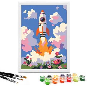 Nariolar Paint by Numbers for Kids Ages 4-8 with 7X9.5 inch Pre-Printed Cardboard,12 Acrylic Paint Pots and 3 Painting Brushes, Craft Gift Room Decor for Children,(Rocket)