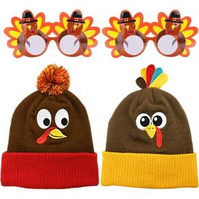 CAMIRUS 4PCS Thanksgiving Turkey Pom Pom Beanie Hat Sunglasses Set, 2 Turkey Knitted Cap 2 Turkey Eyeglasses for Thanksgiving Holiday Turkey Dress Up Party