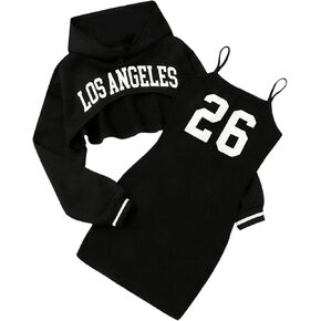 Floerns Girl's Two Piece Sets Letter Print Cami Dress with Super Crop Hoodies Outfits