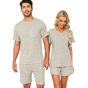 Matching Pajamas for Couples Ribbed Knit Lounge Set Soft Short Sleeve 2 Pieces Sleepwear S-XXL