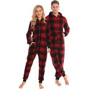 SWOMOG Couples Christmas One Piece Pajamas Sets Women & Men Fleece Winter Loungewear Zip-Up Jumpsuit with Pockets Pjs