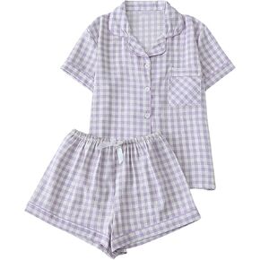 MakeMeChic Women's 2 Piece Pajama Set Plaid Collared Button Down Shirt Shorts Sets Sleep Loungewear