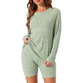 cheibear Womens Biker Shorts Sets 2 Piece Lounge Sets Ribbed Knit Matching Outfits Long Sleeve Loungewear Sweatsuits