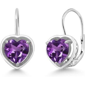 Gem Stone King 925 Sterling Silver Gemstone Birthstone Heart Earrings | Leverback Drop Dangle Earrings for Women | Heart Shape 7MM