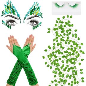 Halloween Green Costume Accessories,4Pcs Green Face Jewels Tattoo Artificial Green Vines Long Green Fingerless Gloves for Women Halloween Cosplay Accessories