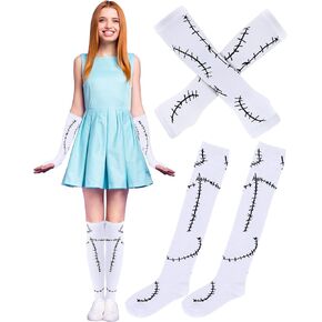 Patelai 2 Pcs Halloween Costume for Women Stitched Scar Arm Warmer Long Fingerless Gloves and Scars Leg Warmers for Party