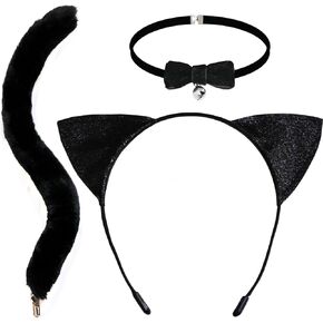 3 Pcs Halloween Cat Costume Accessories Cat Ears Headband Bell Collar and Tail Set for Halloween Party Cosplay Costumes Set