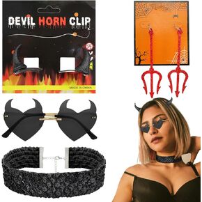 5x Devil Horns Accessories Set Glasses Glitter Pitchfork Earrings Sequin Choker Necklace for Women Halloween Cosplay