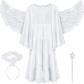 4 Pcs Angel Costume Set Include Angel Feather Wings Headband White Dress Wand for Girls Kids Halloween Cosplay