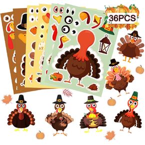 Thanksgiving Stickers for Kids Make a Turkey, Thanksgiving Craft for Kids, 36 Sheets Turkey Face Sticker for Kid Make Your Own Turkey, Thanksgiving Fall Party Favor for Kid School Activities