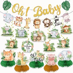 LARRAZABAL Jungle Wild Animal Baby Shower Decorations, NO-DIY Animals Banner, Hanging Swirls and Honeycomb Centerpieces, Wild Safari Baby Shower Decorations