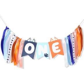 Light Blue Navy Brown Orange 1st Birthday High Chair Banner - First Birthday Party Decoration, Little Puppy Highchair Banner Inspired by Blue, Boys and girls 1st Birthday Decor, Blue Birthday Background