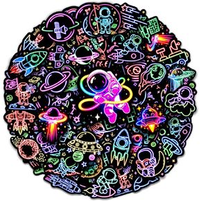 52 Pcs Neon Astronaut Stickers for Kids Glow in The Dark, Waterproof Space Sticker for Water Bottle, Vinyl Laptop Decals for Teens Girls Boys, Students Adults Sticker Pack