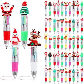 50 Pcs Multicolor Christmas Ballpoint Pen 4-in-1 Retractable Holiday Ink Pens 0.7mm Xmas Santa Snowman Reindeer Writing Pens for Students Christmas School Office Supplies Gifts