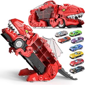 Green Dinosaur Truck Toy Set for Ages 3+ – T-Rex Transporter with 8 Mini Cars, Transforms into Dinosaur Race Track, Swallow & Slide Action, Convenient Storage, Gift-Ready Packaging