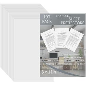 100 Pack No Holes Sheet Protectors 8" x 11.8" Clear Plastic Sheet Sleeves Page Protectors Page Sleeves Top Loading Paper Protector for Documents