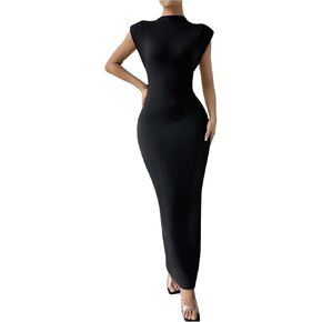 GORGLITTER Women's Elegant Sleeveless Bodycon Long Dress Mock Neck Dolman Sleeve Split Maxi Dresses