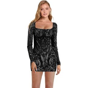 GUKARLEED Sparkly Sequin Homecoming Dresses Long Sleeve Prom Dress for Teens Short HOCO Dress Tight Formal Mini Cocktail Gown