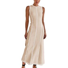 Women's 2024 Summer Sundress Elegant Casual Crew Neck Sleeveless Knit Striped Bodycon Maxi Dress