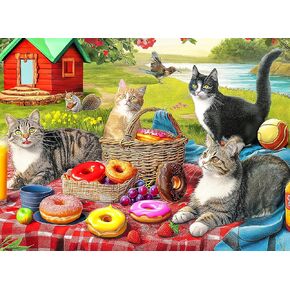 100 Pieces Jigsaw Puzzles for Adults - Cat Puzzles for Kids Ages 6-8 8-10 10-12 - Picnic Kittens and Donuts