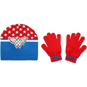 Bioworld Wonder Woman Kids Color Blocked Knit Beanie and Glove Set