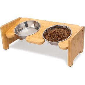 Toozey Elevated Dog Bowls for Small Dogs and Cats, 6 Adjustable Heights Raised Dog Bowl, Elevated Dog Bowl Stand with 3 Stainless Steel Dog Food and Water Bowls, 15° Tilted Bamboo Elevated Cat Bowls
