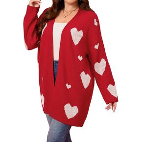 Verdusa Women's Plus Size Heart Print Open Front Long Sleeve Cardigan Sweaters Knit Shrug