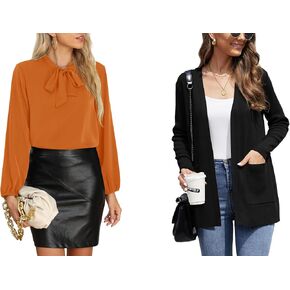 CZYINXIAN Womens Casual Chiffon Long Sleeve Tie Neck Blouses and Women's Casual Long Sleeve Open Front Cardigan(X-Large)