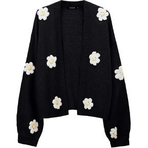 كارديجان نسائي قصير مزين بالزهور عصري للخريف Y2K منتفخ بأكمام طويلة وزر أمامي مفتوح وفتحة رقبة على شكل V سترة منسوجة بالأزرار in Kuwait