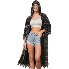 Sparkling Sequin Cardigan For Women – Long Kimono With Hood, Open Front Black Summer Duster